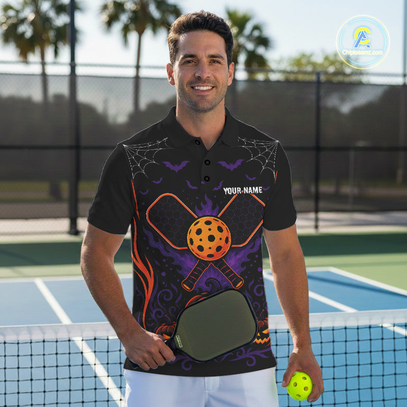 Custom Black And Orange Halloween Pumpkins Pickleball Team Men Polo Shirt IPHW11904