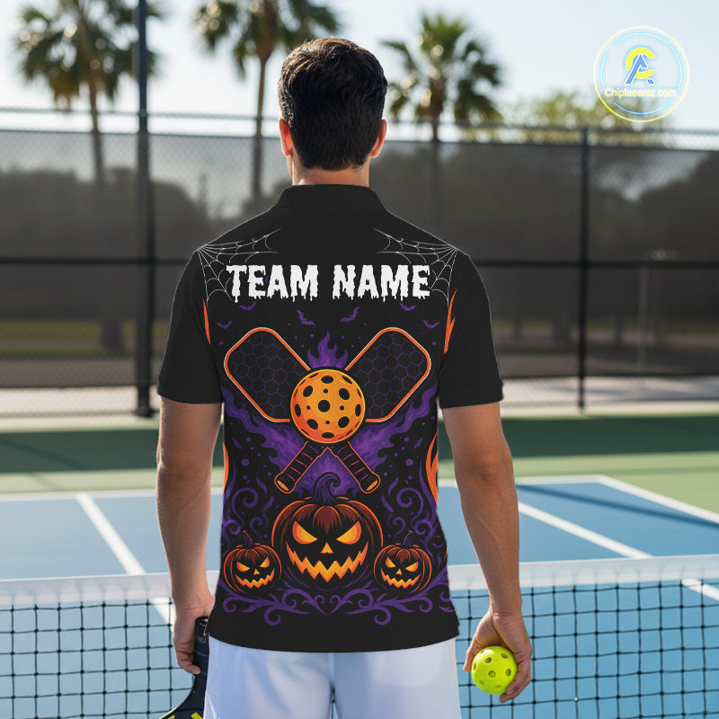Custom Black And Orange Halloween Pumpkins Pickleball Team Men Polo Shirt IPHW11904