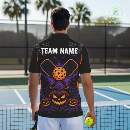 Custom Black And Orange Halloween Pumpkins Pickleball Team Men Polo Shirt IPHW11904