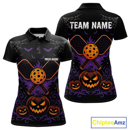 Custom Black And Orange Halloween Pumpkins Pickleball Team Women Polo Shirt IPHW11904