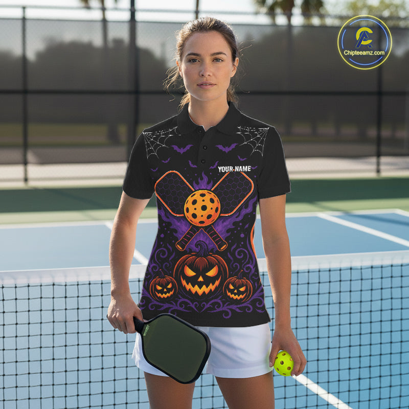 Custom Black And Orange Halloween Pumpkins Pickleball Team Women Polo Shirt IPHW11904