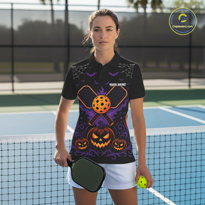 Custom Black And Orange Halloween Pumpkins Pickleball Team Women Polo Shirt IPHW11904