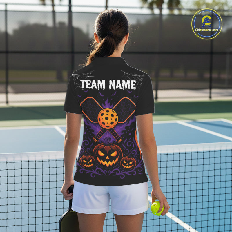 Custom Black And Orange Halloween Pumpkins Pickleball Team Women Polo Shirt IPHW11904