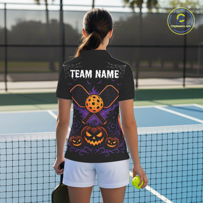 Custom Black And Orange Halloween Pumpkins Pickleball Team Women Polo Shirt IPHW11904