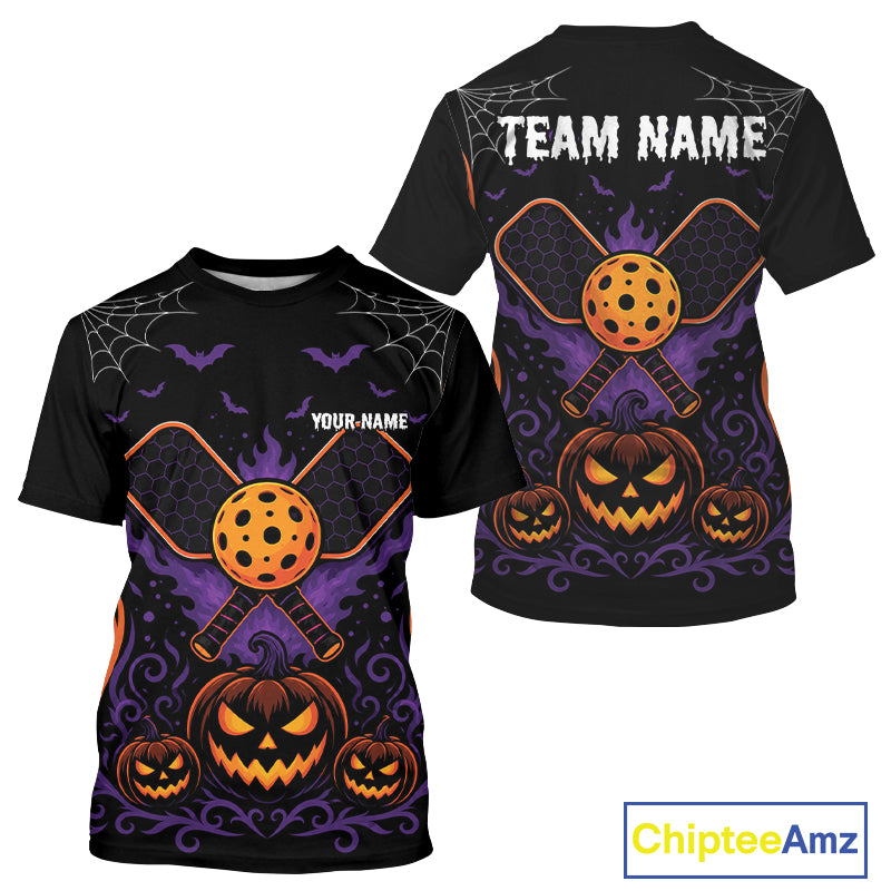 Custom Black And Orange Halloween Pumpkins Pickleball Team Men T-Shirts IPHW11904