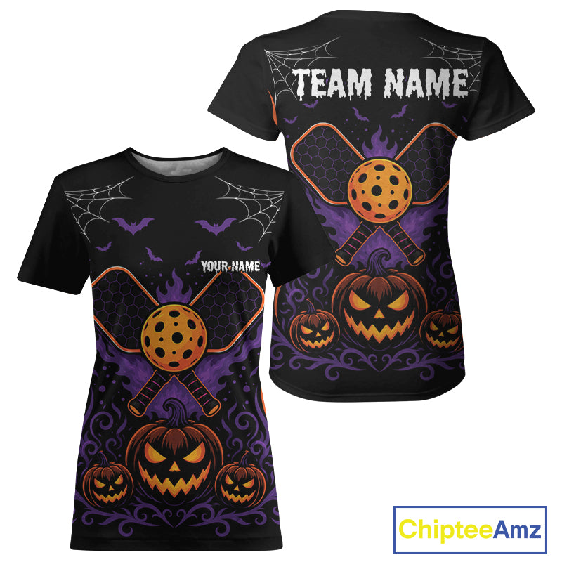 Custom Black And Orange Halloween Pumpkins Pickleball Team Women T-Shirts IPHW11904