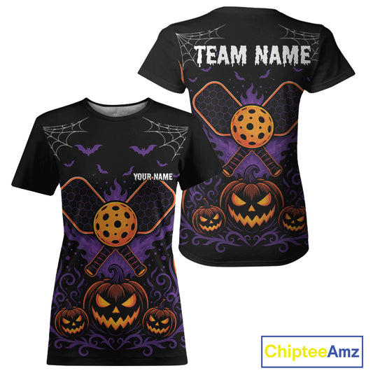 Custom Black And Orange Halloween Pumpkins Pickleball Team Women T-Shirts IPHW11904