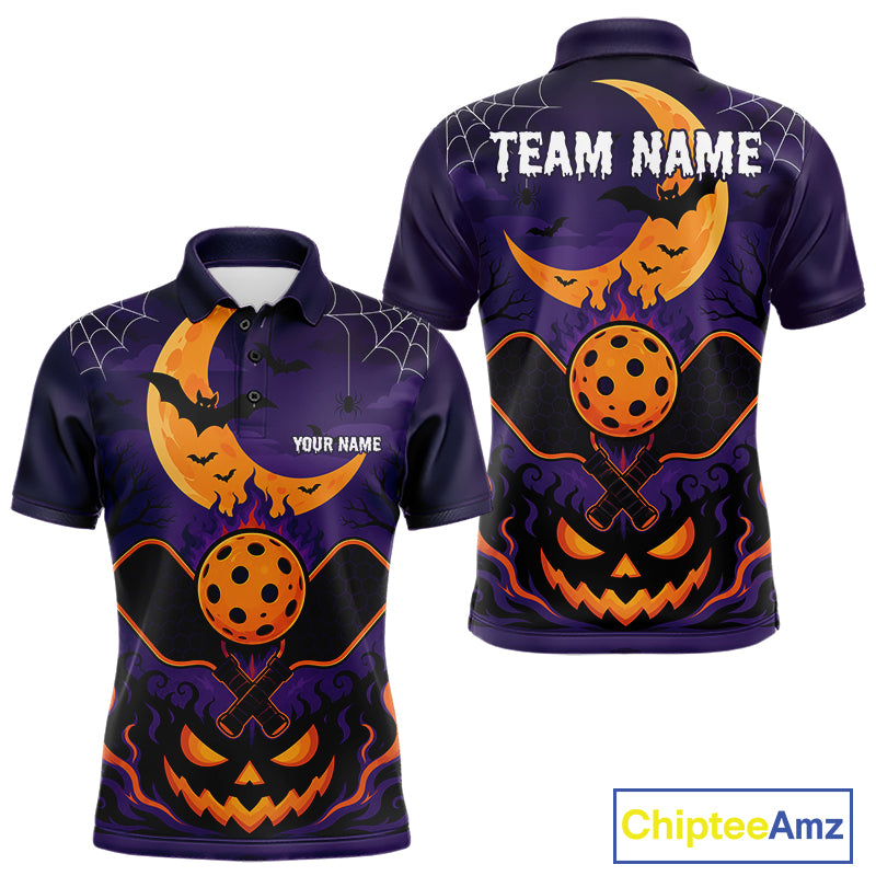 Custom Purple And Orange Halloween Theme Pumpkins Pickleball Team Men Polo Shirt IPHW11905