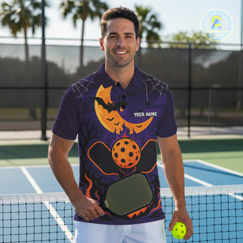 Custom Purple And Orange Halloween Theme Pumpkins Pickleball Team Men Polo Shirt IPHW11905