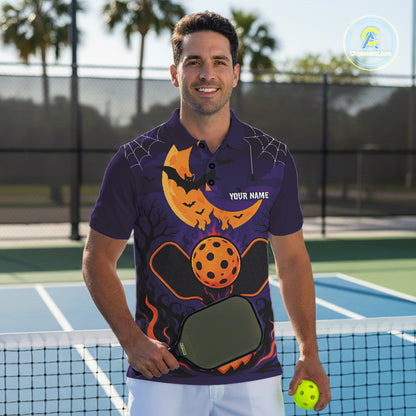 Custom Purple And Orange Halloween Theme Pumpkins Pickleball Team Men Polo Shirt IPHW11905