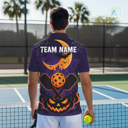 Custom Purple And Orange Halloween Theme Pumpkins Pickleball Team Men Polo Shirt IPHW11905