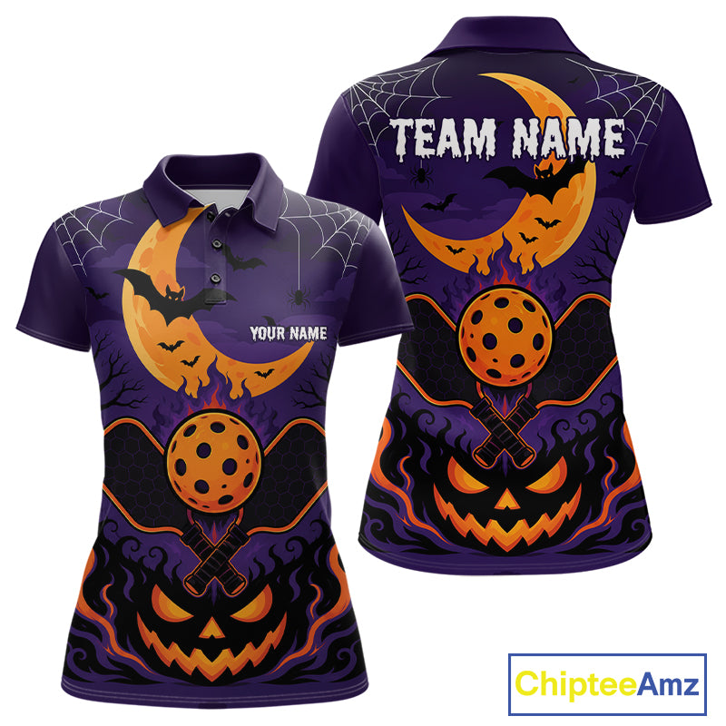 Custom Purple And Orange Halloween Theme Pumpkins Pickleball Team Women Polo Shirt IPHW11905
