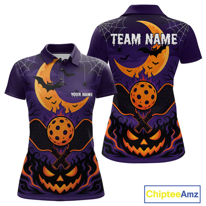 Custom Purple And Orange Halloween Theme Pumpkins Pickleball Team Women Polo Shirt IPHW11905