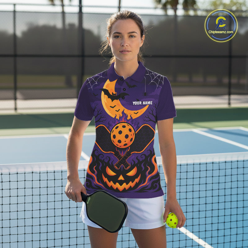 Custom Purple And Orange Halloween Theme Pumpkins Pickleball Team Women Polo Shirt IPHW11905