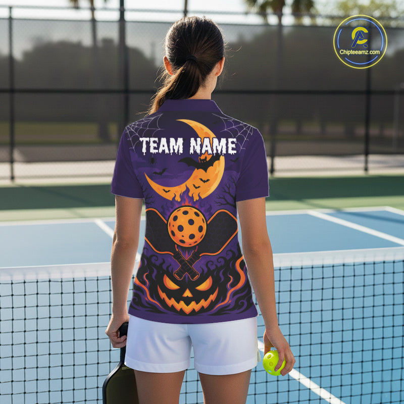 Custom Purple And Orange Halloween Theme Pumpkins Pickleball Team Women Polo Shirt IPHW11905