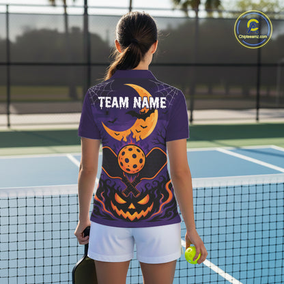 Custom Purple And Orange Halloween Theme Pumpkins Pickleball Team Women Polo Shirt IPHW11905