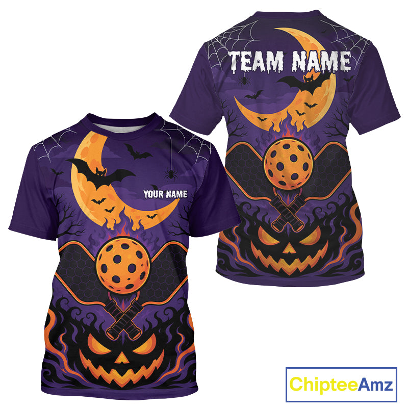Custom Purple And Orange Halloween Theme Pumpkins Pickleball Team Men T-Shirts IPHW11905