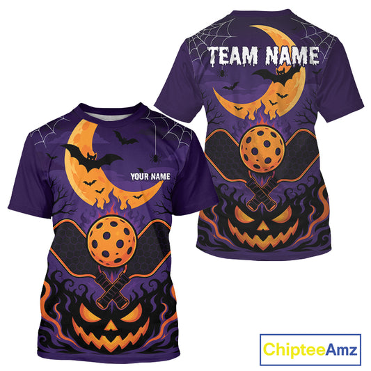 Custom Purple And Orange Halloween Theme Pumpkins Pickleball Team Men T-Shirts IPHW11905