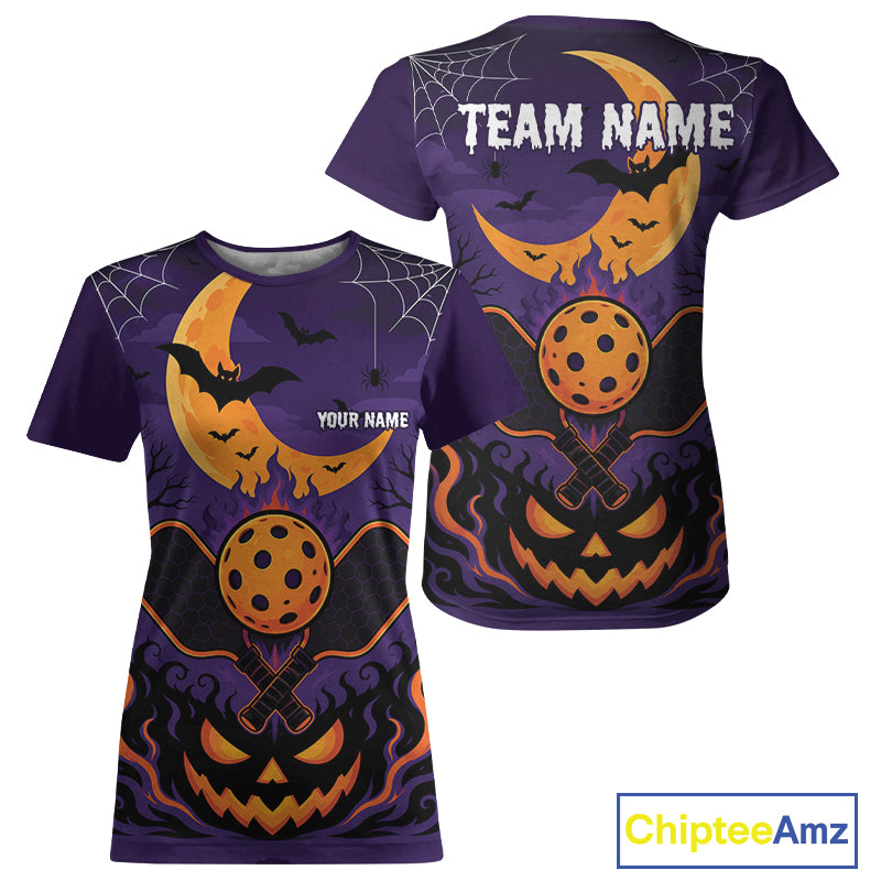 Custom Purple And Orange Halloween Theme Pumpkins Pickleball Team Women T-Shirts IPHW11905
