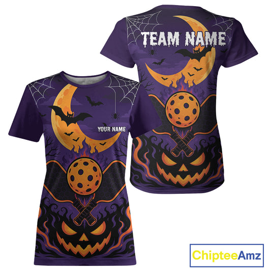 Custom Purple And Orange Halloween Theme Pumpkins Pickleball Team Women T-Shirts IPHW11905