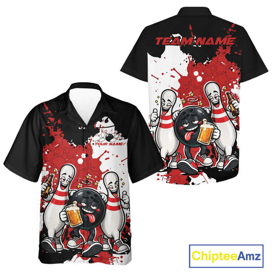 Red Splatter Drunk Bowling Ball And Pins Custom Funny Bowling Beer Men And Women Button Up Shirt IPHW12184