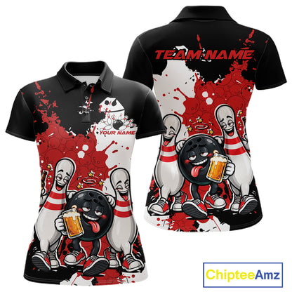 Red Splatter Drunk Bowling Ball And Pins Custom Funny Bowling Beer Women Polo Shirt IPHW12184