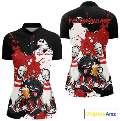 Red Splatter Drunk Bowling Funny Bowling Beer Women Quarter-Zip Shirt IPHW12184
