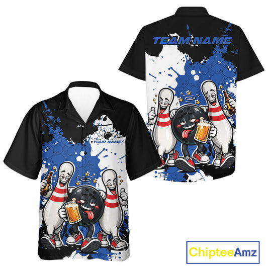 Blue Splatter Drunk Bowling Ball And Pins Custom Funny Bowling Beer Men And Women Button Up Shirt IPHW12185