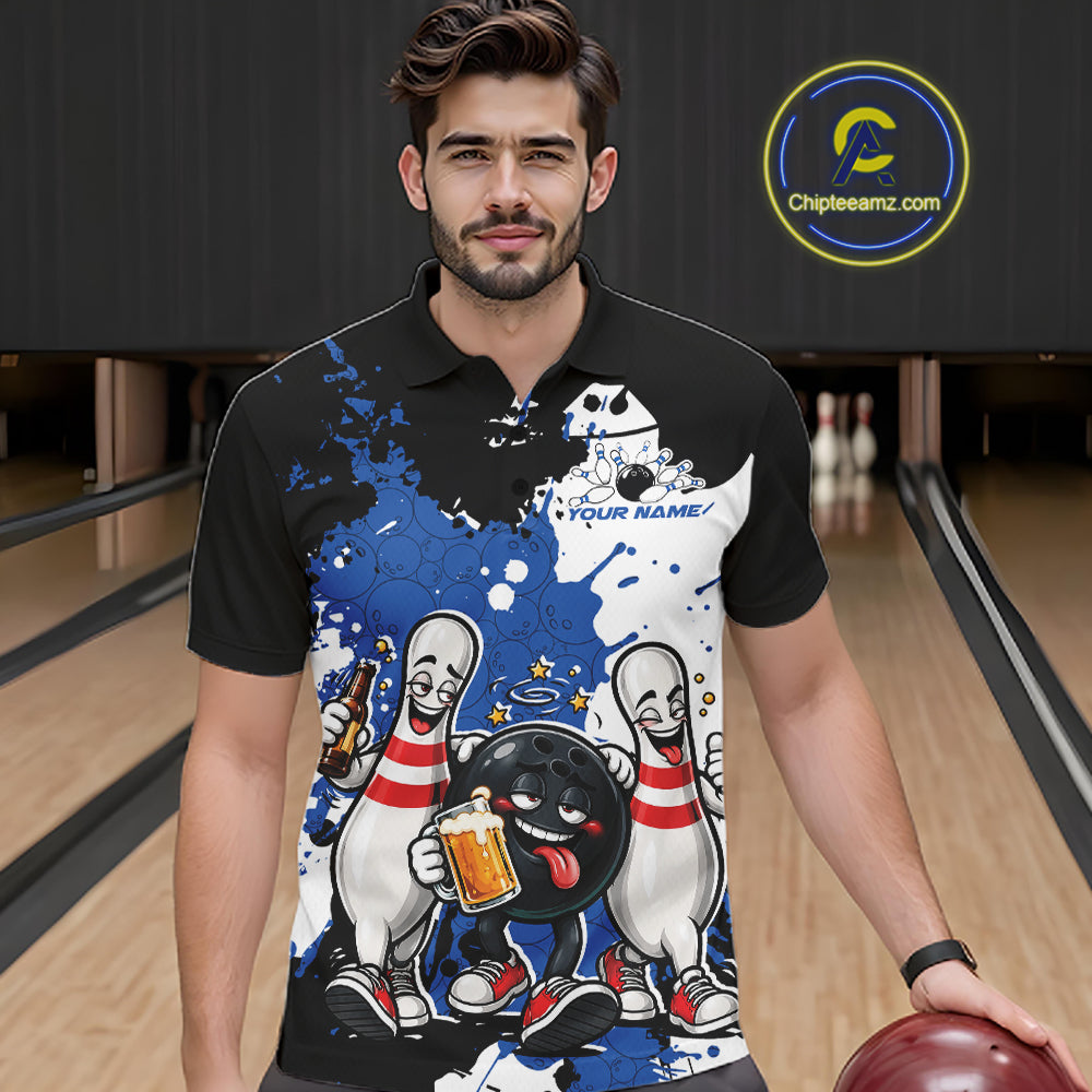Blue Splatter Drunk Bowling Ball And Pins Custom Funny Bowling Beer Men Polo Shirt IPHW12185