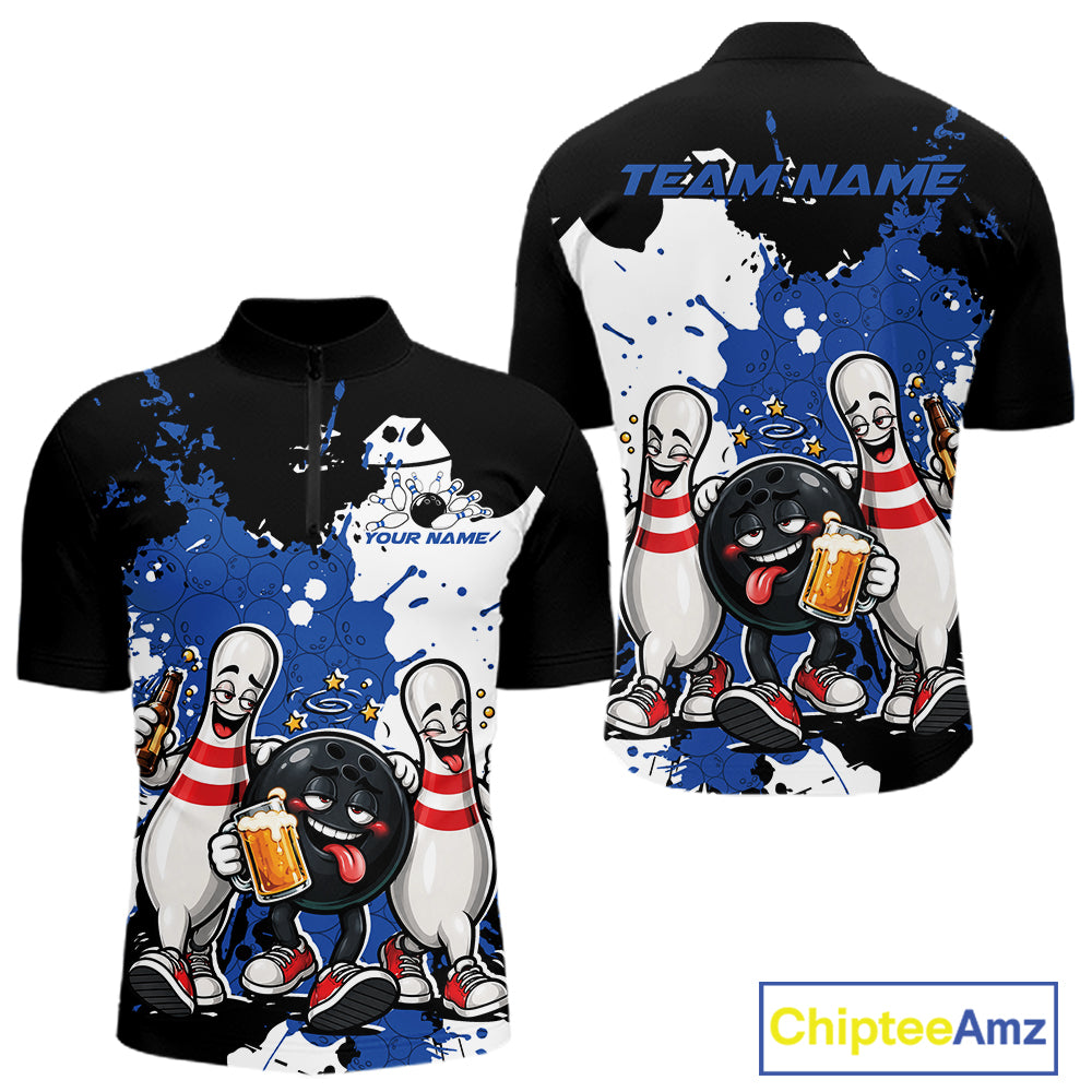 Blue Splatter Drunk Bowling Ball And Pins Custom Funny Bowling Beer Men Quarter Zip Shirt IPHW12185