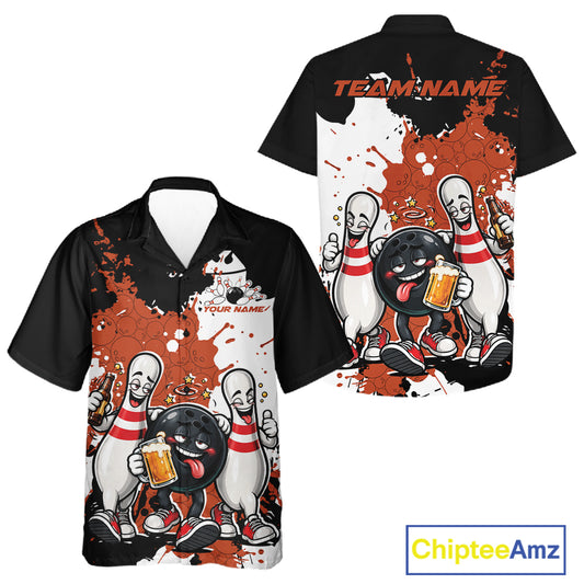 Orange Splatter Drunk Bowling Ball And Pins Custom Funny Bowling Beer Men And Women Button Up Shirt IPHW12186