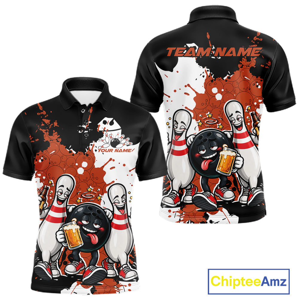 Orange Splatter Drunk Bowling Ball And Pins Custom Funny Bowling Beer Men Polo Shirt IPHW12186