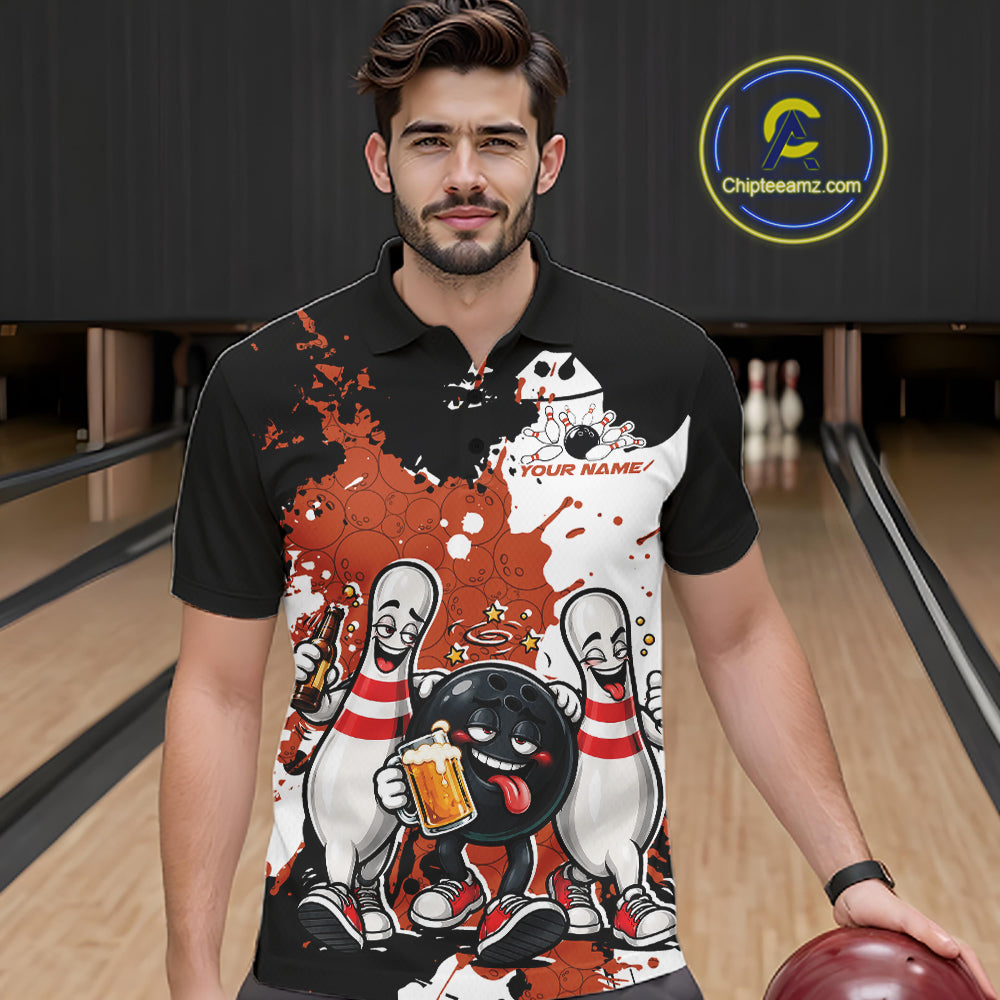 Orange Splatter Drunk Bowling Ball And Pins Custom Funny Bowling Beer Men Polo Shirt IPHW12186