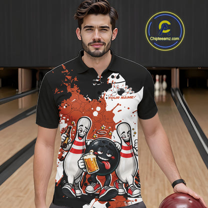 Orange Splatter Drunk Bowling Ball And Pins Custom Funny Bowling Beer Men Polo Shirt IPHW12186