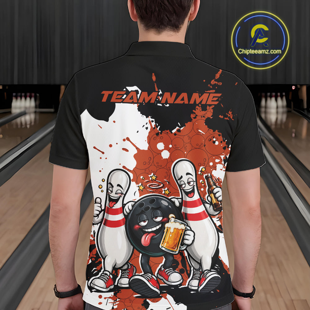 Orange Splatter Drunk Bowling Ball And Pins Custom Funny Bowling Beer Men Polo Shirt IPHW12186