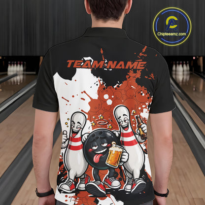 Orange Splatter Drunk Bowling Ball And Pins Custom Funny Bowling Beer Men Polo Shirt IPHW12186