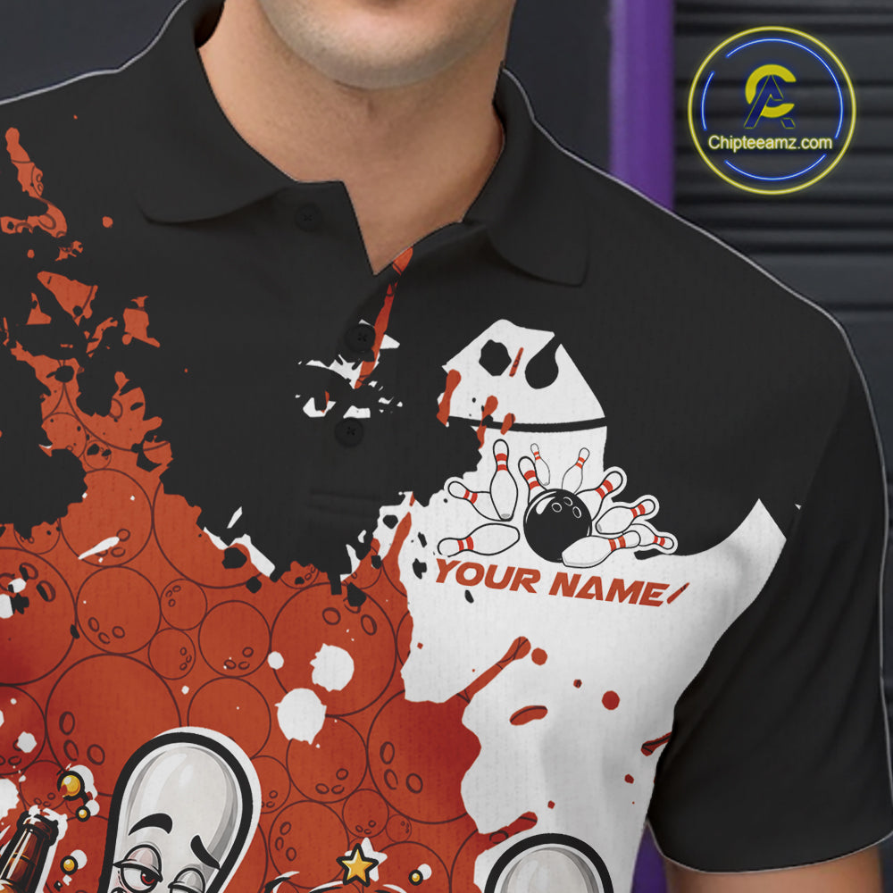 Orange Splatter Drunk Bowling Ball And Pins Custom Funny Bowling Beer Men Polo Shirt IPHW12186