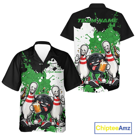 Green Splatter Drunk Bowling Ball And Pins Custom Funny Bowling Beer Men And Women Button Up Shirt IPHW12187