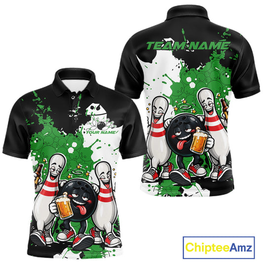 Green Splatter Drunk Bowling Ball And Pins Custom Funny Bowling Beer Men Polo Shirt IPHW12187