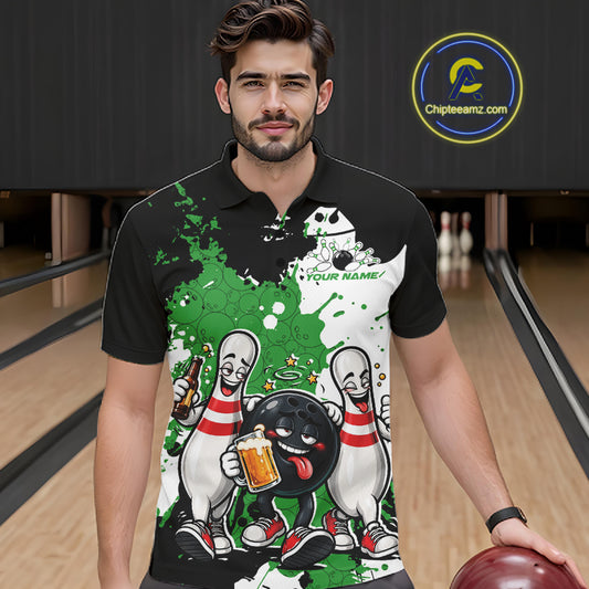 Green Splatter Drunk Bowling Ball And Pins Custom Funny Bowling Beer Men Polo Shirt IPHW12187