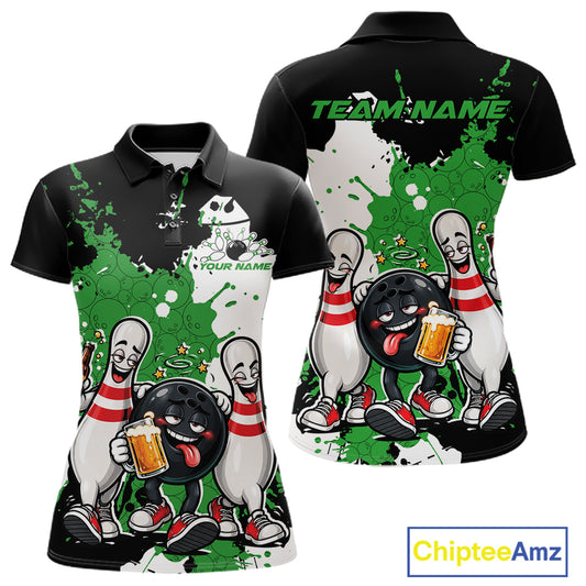 Green Splatter Drunk Bowling Ball And Pins Custom Funny Bowling Beer Women Polo Shirt IPHW12187