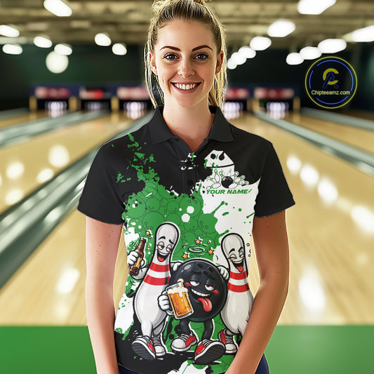 Green Splatter Drunk Bowling Ball And Pins Custom Funny Bowling Beer Women Polo Shirt IPHW12187