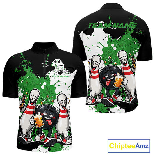 Green Splatter Drunk Bowling Ball And Pins Custom Funny Bowling Beer Men Quarter Zip Shirt IPHW12187