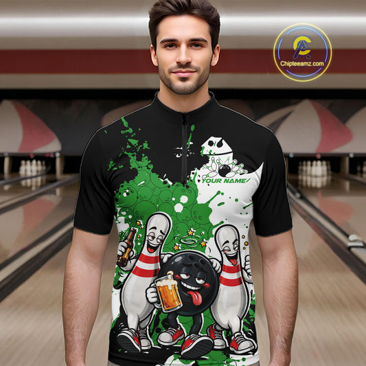 Green Splatter Drunk Bowling Ball And Pins Custom Funny Bowling Beer Men Quarter Zip Shirt IPHW12187
