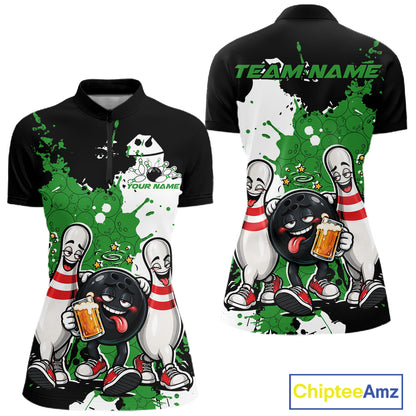 Green Splatter Drunk Bowling Custom Funny Bowling Beer Women Quarter-Zip Shirt IPHW12187