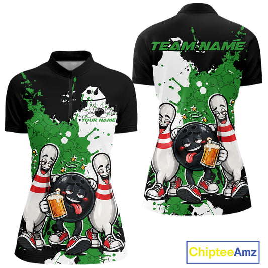 Green Splatter Drunk Bowling Custom Funny Bowling Beer Women Quarter-Zip Shirt IPHW12187