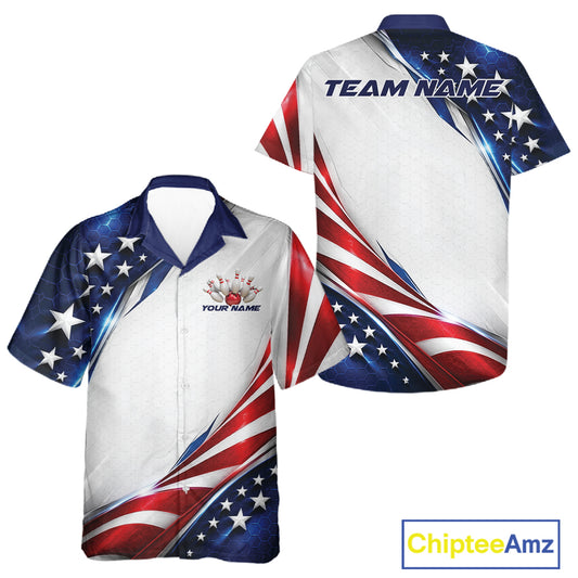 Custom Patriotic American Flag Bowling League Shirt, US Flag Bowling Men And Women Button Up Shirt IPHW12188