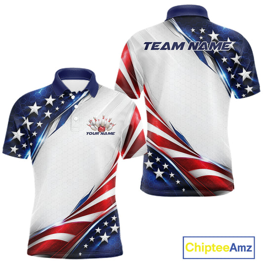 Custom Patriotic American Flag Bowling League Shirt, US Flag Bowling Men Polo Shirt IPHW12188