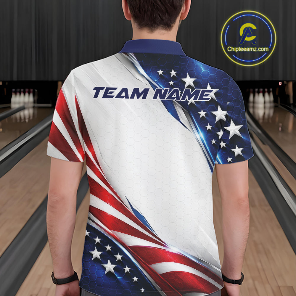 Custom Patriotic American Flag Bowling League Shirt, US Flag Bowling Men Polo Shirt IPHW12188