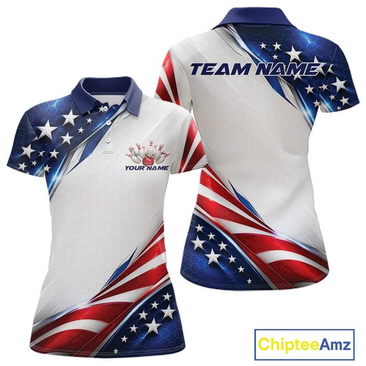 Custom Patriotic American Flag Bowling League Shirt, US Flag Bowling Women Polo Shirt IPHW12188